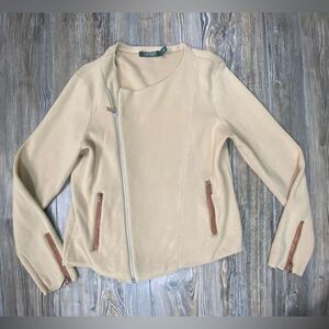 Lauren Ralph Lauren Medium Camel Brown Asymmetrical Zip Sweater Cardigan Jacket